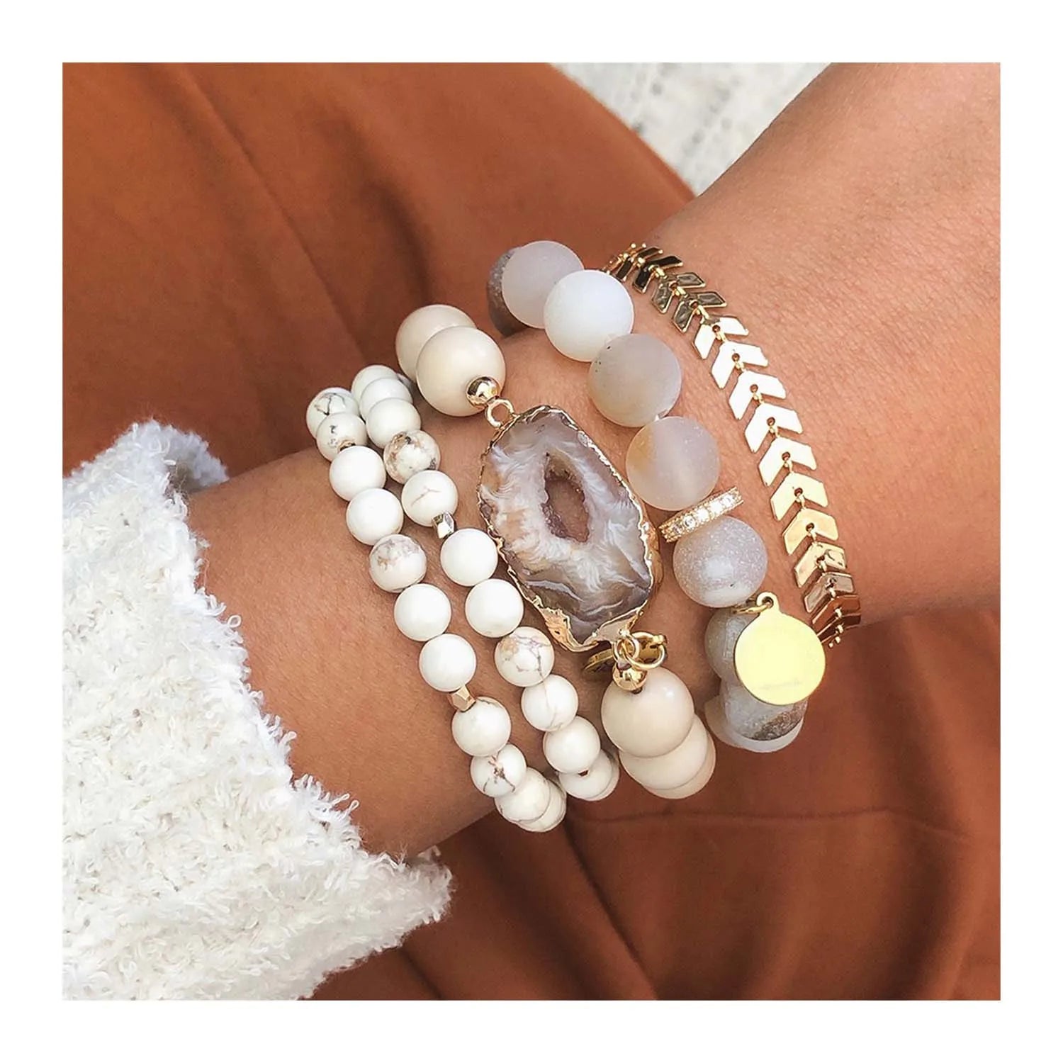 Boho Healing Rivestone and Stainless Steel Arrow Bracelet SetGeode Agate Quartz Stackable Bead Bracelet for Women Gift