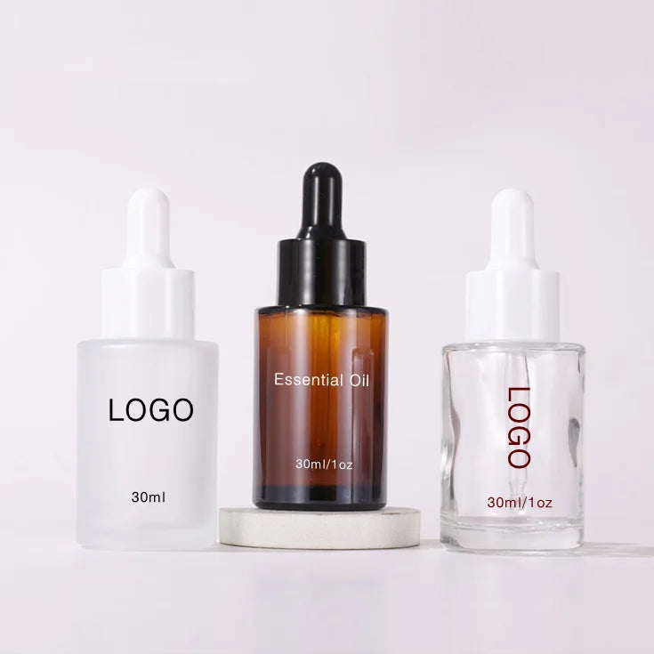 Amber clear Frosted Skincare Serum Cosmetic Bottle 1oz 30 ml Empty Flat Shoulder Hair Oil Glass Dropper Bottle