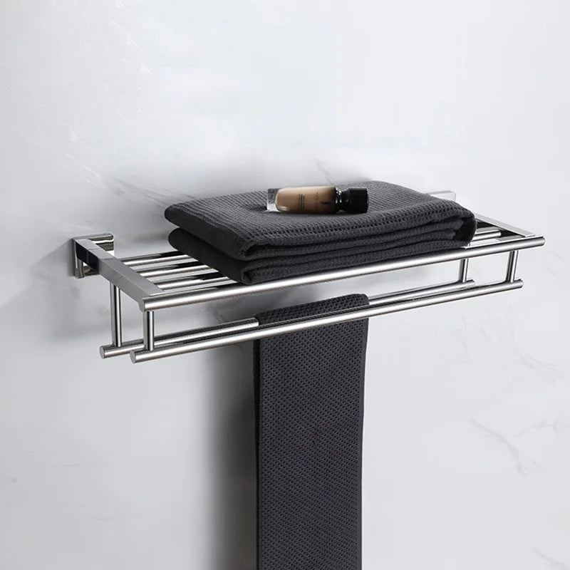 Modern Stainless Steel Wall Mounted Bath Accessory Set Includes Corner Towel Rack for Bathroom and Shower Room