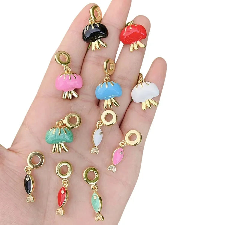 JS1923 Dainty 18K Gold Plated Enamel Jellyfish Zircon CZ Micro Pave Fish Marine Life Dangle Charms for DIY Jewelry Making