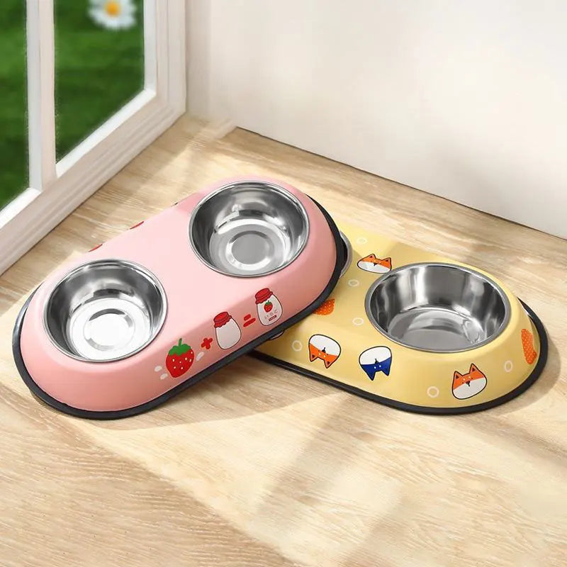 Customized Modern Stylish Cute Cartoon Anti-tip Anti-slip Waterproof Eating Drinking Double Stainless Steel Pet Cat Dog Feeding