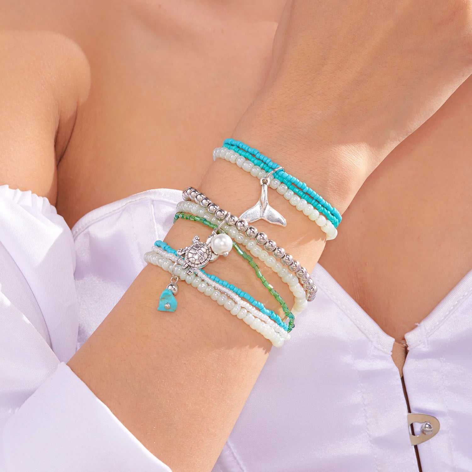 3pcs/set Bohemian Holiday Bracelet Set for Women's Summer Beach  Sea Star Shell Rice Bead Bracelet