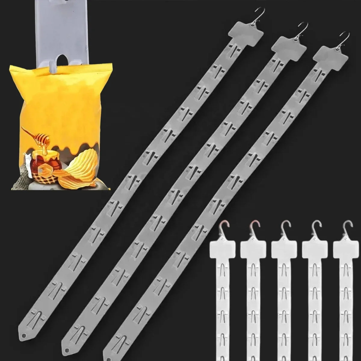 Hookei Food Grade Eco-Friendly Merchandising Clips & Hanging Strips for Supermarket Snack Display Rack with Easy Installation