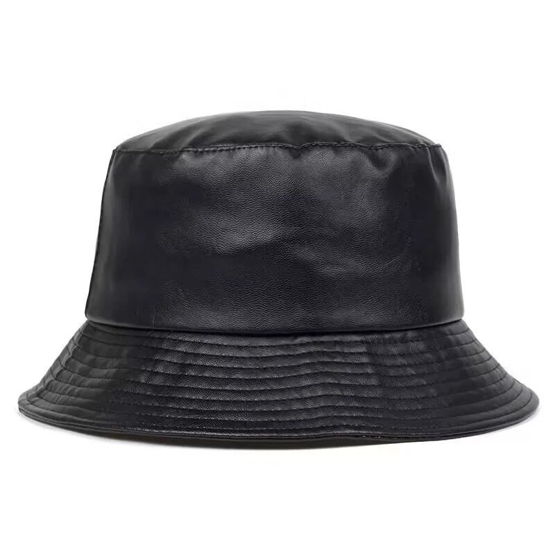 Fashion Leather Reversible Bucket Hat Wide Brim Solid Color Trendy Fisherman Hat for Women Men