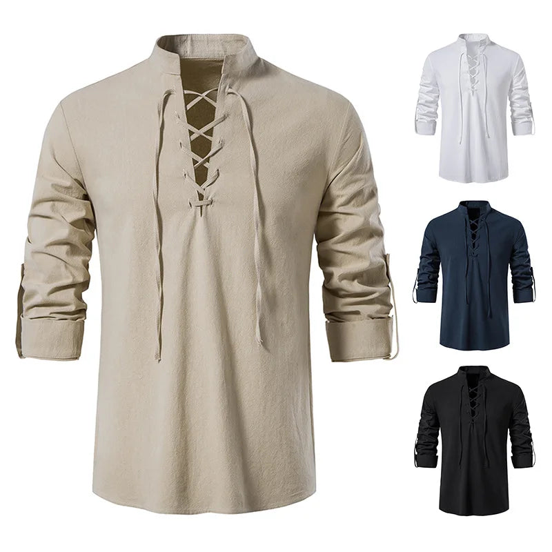 Fashionable Men European Size Stand Collar Shirts Casual High Quality Long Sleeve Cotton Linen Shirt