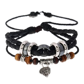 Ethnic Style Multi-layer Woven Bracelet Wood Bead Leaf Pendant Men's Leather Bracelet