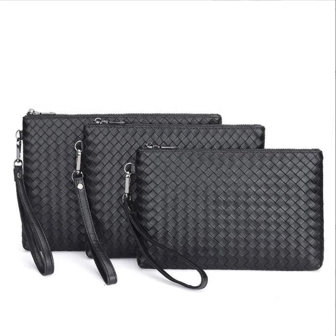 Bogia Wholesale Office Style PU Leather Hand Bags for Men Fashion Braided Black Envelope Clutch Bag Sets