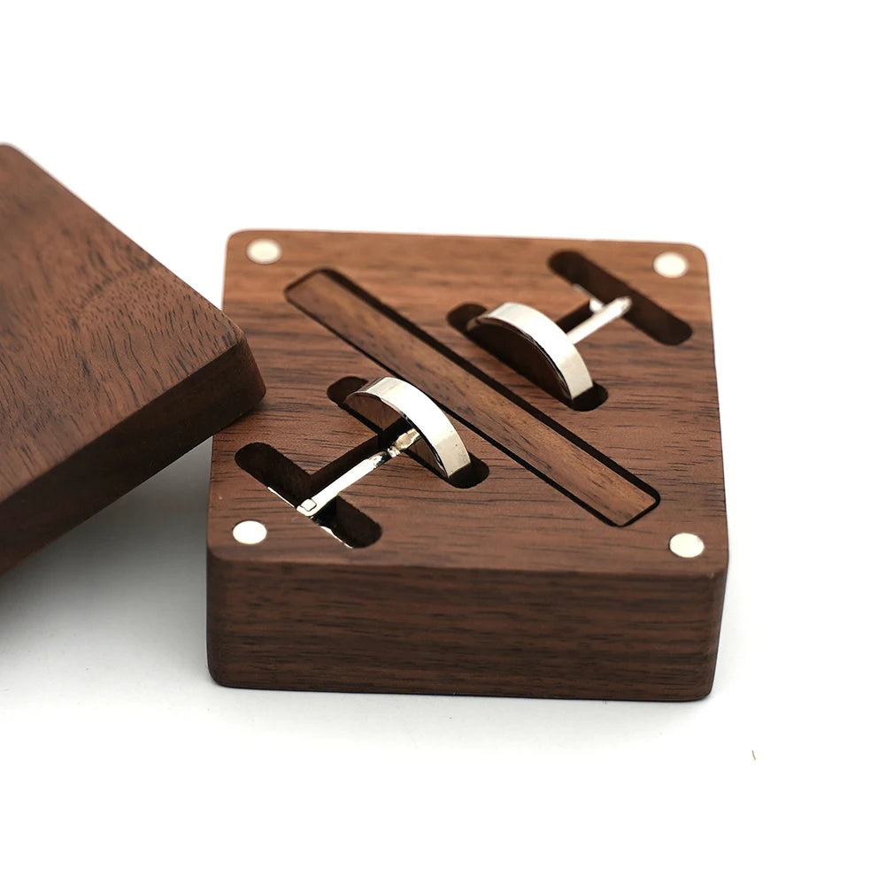 Engraveable Blank Walnut Cufflinks Tie Clip Sets with Jewelry Packaging Box Wood
