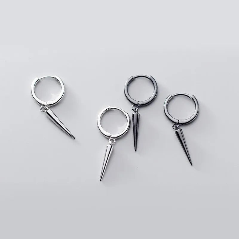 Mens Hip Hop Cone Spike Pendant Black Earings Punk Hoop Earrings 925 Sterling Silver Fashion Jewelry for Women