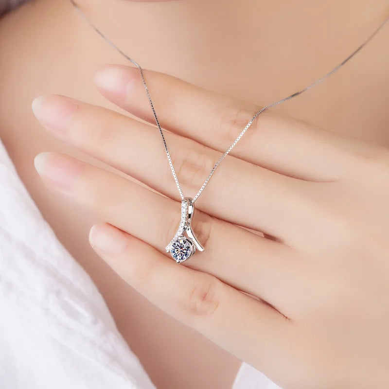 R.GEM. Women's 925 Silver Rhodium Plated Link Chain Pendant Necklace with 1CT Lab Grown Brilliant Cut Moissanite GRA Certified