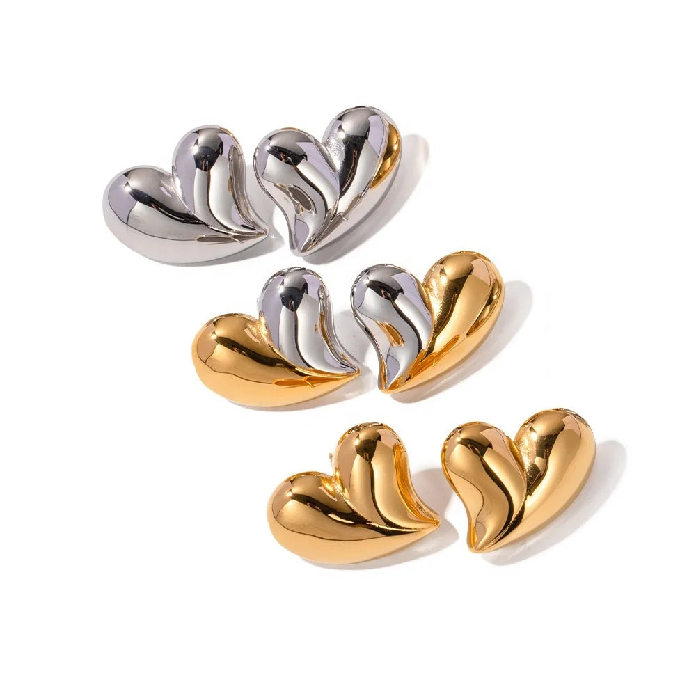 Non Tarnish Waterproof Fashion Jewelry 18K Gold Stainless Steel Double Color Patchwork Love Heart Shape Stud Earrings for Women