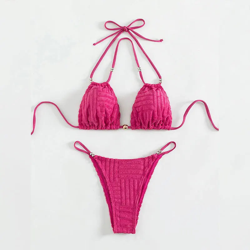 Active Two-piece Beach Bikini Sexy Backless High Waist Mature Swimsuit Metal Bead Velvet Towel Swimwear Set