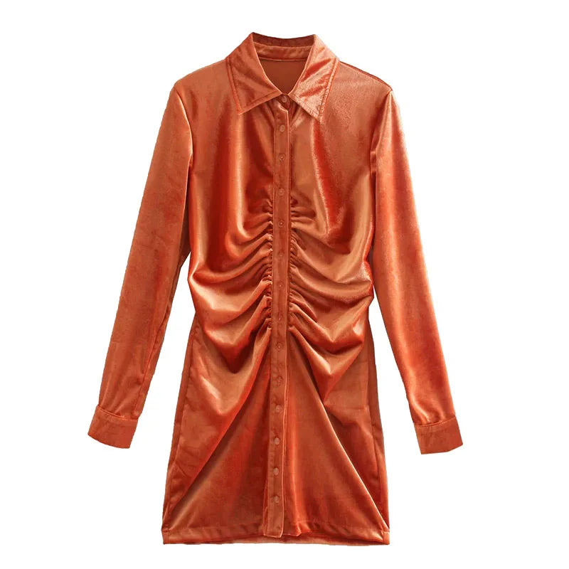 Women 2024 Chic Fashion Pleated Velvet Mini Dress Vintage Long Sleeve Button-up Female Dresses Vestidos Mujer