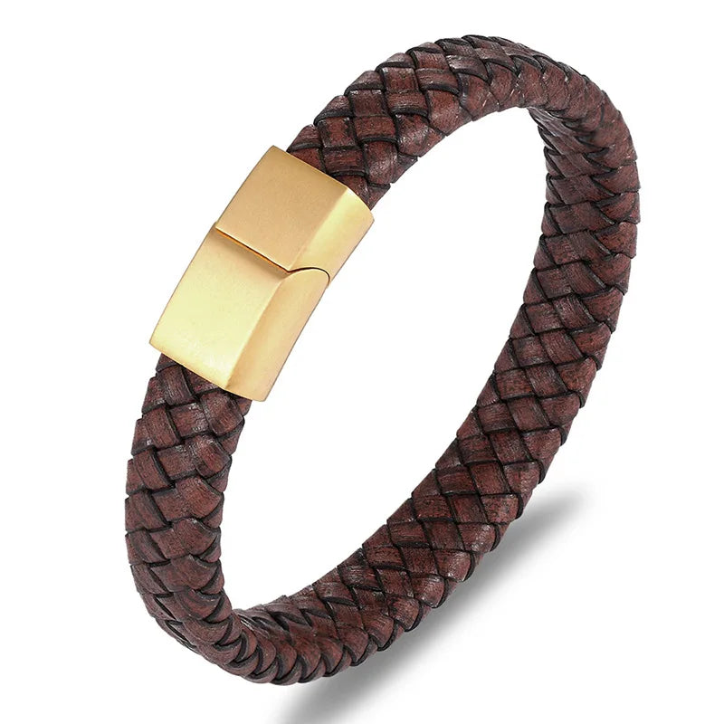 Punk Men's Retro Style Brown Leather Bracelet Stainless Steel Magnetic Clasp Braided Woven Bangle Fashion Charm Bracelets