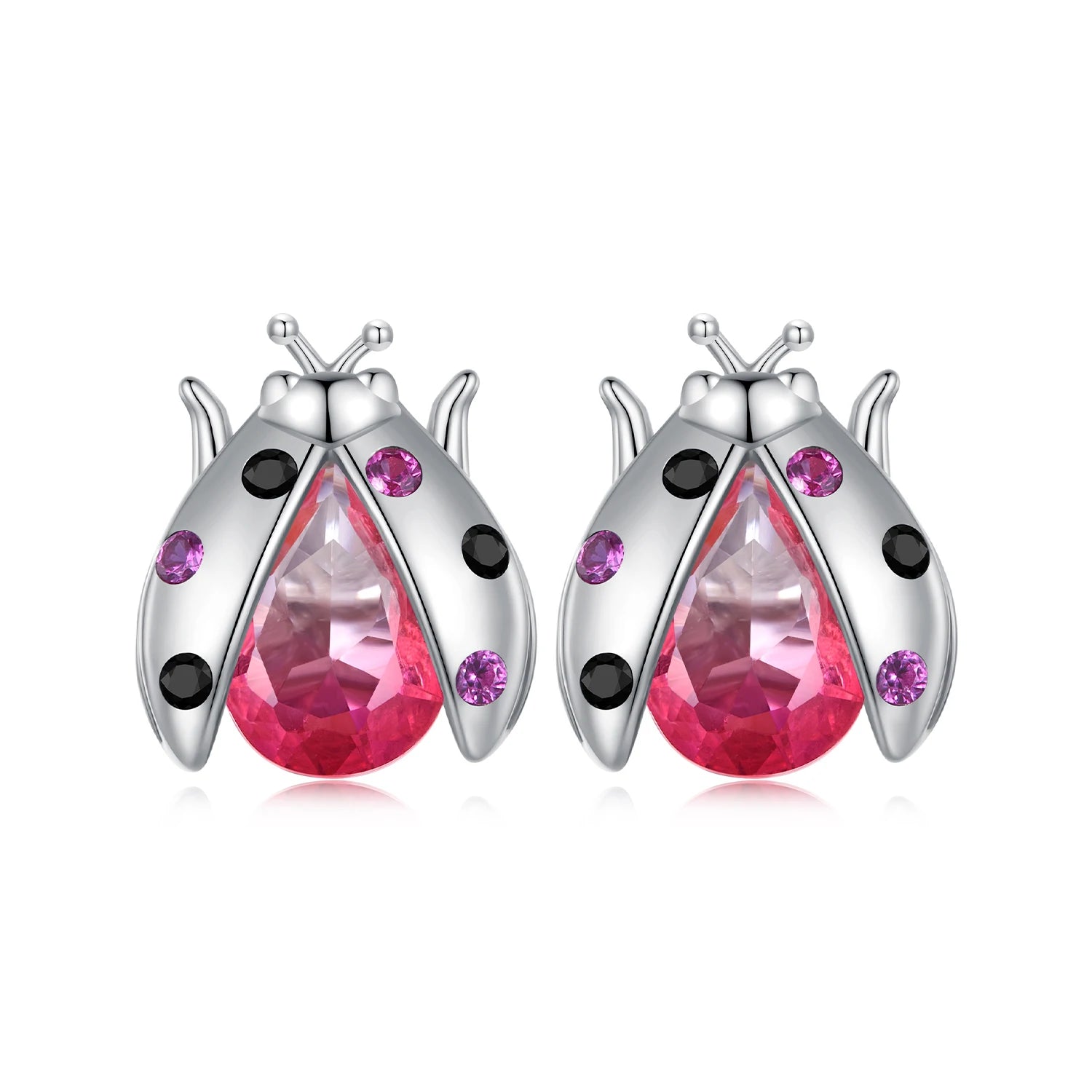 S925 Sterling Silver pink Gradient Ladybug Ear Studs Jewelry Earrings
