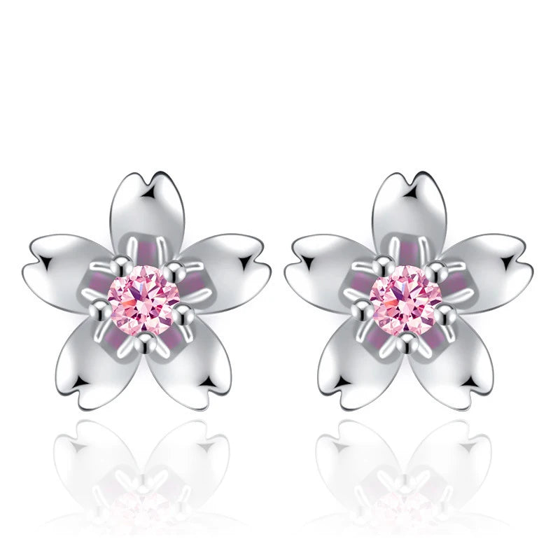 Wholesale 925 Silver Plated Women Cubic Zirconia Flower Shaped Stud Earring Jewelry