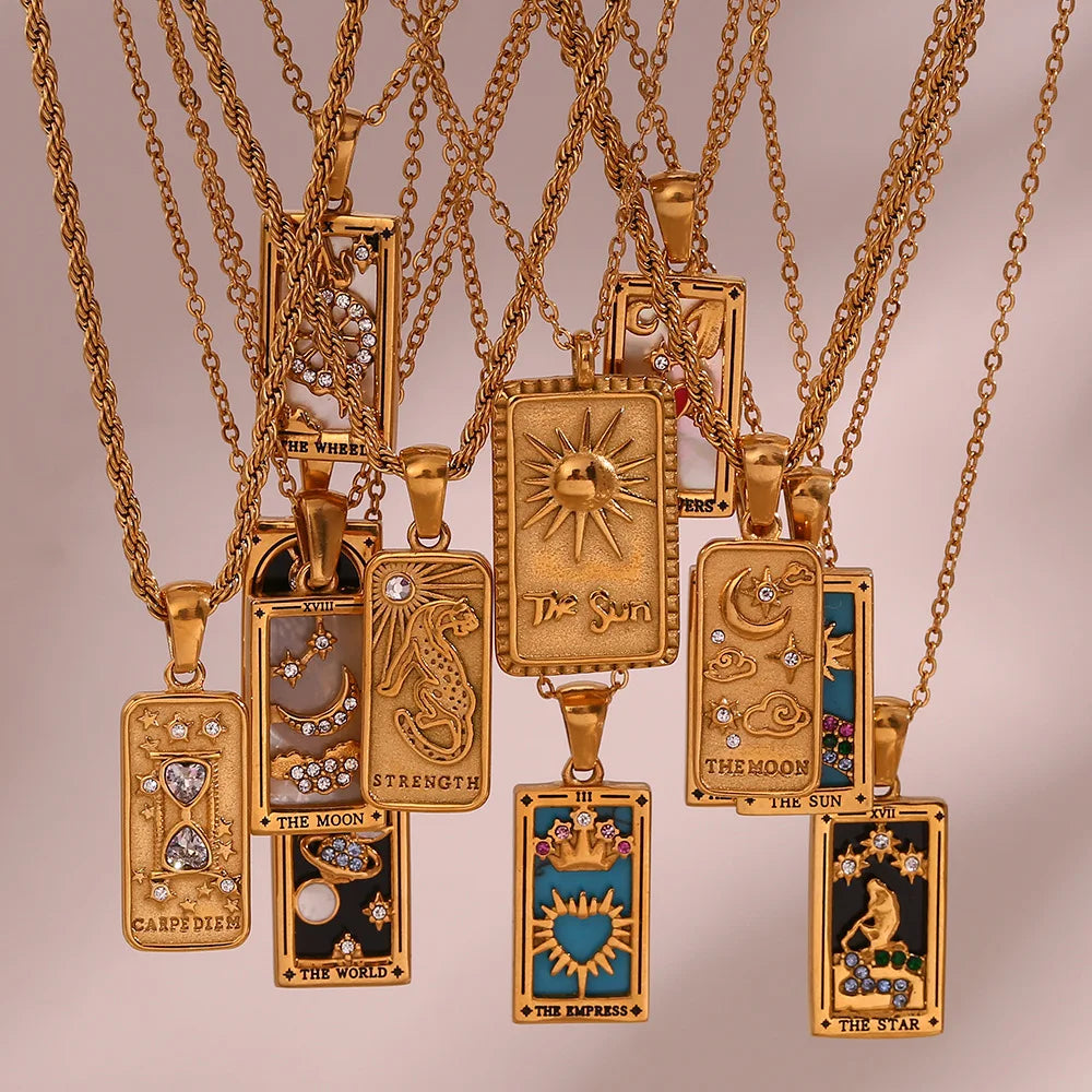 Luxury REAL 18K GOLD Plated Stainless Steel Moon Star Lovers Rectangular Pendant Women Tarot Card Necklace Jewelry