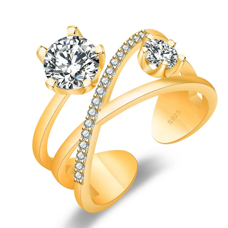Fashion Double Layer Design Open Adjustable Female Ring Cross Twist Micro-set Zircon Double Layer Engagement Wedding Unique Ring