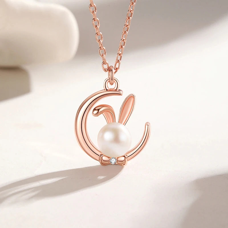 2025 New Gift Girlfriend Pendant Necklace Moon Rabbit Pearl Necklace Light Luxury Sterling Silver Necklace for Women