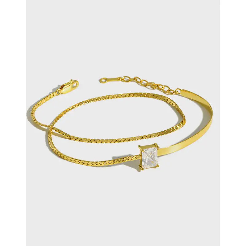 S925 Sterling Silver Simple Square White Zirconium Double Layer Charm Bracelet 18k Gold Plated Party Gift Jewelry