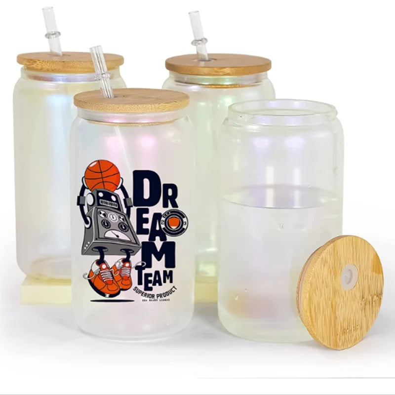 Sublimation 480ml Glass Jar With Clear Glass Sparkly Iced Coffee Glass With Bamboo Lid and Straw