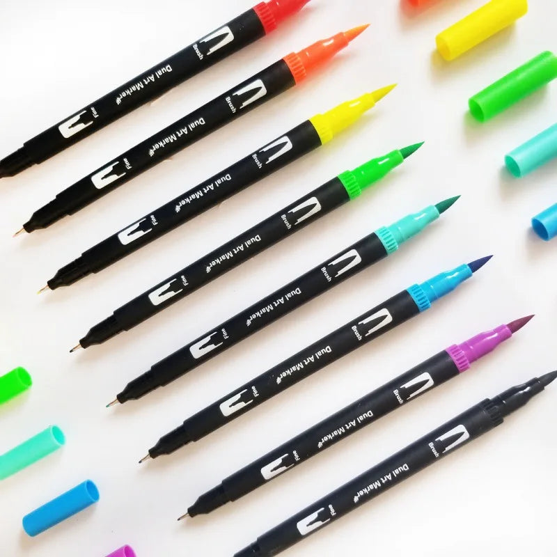 Dual Tip Marker Pen with 12/24/36/48/72/100 Non-Toxic Colors Flat Brush for Art Marking
