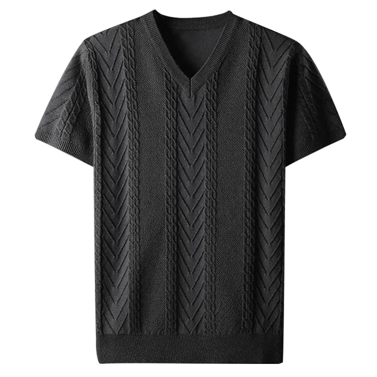 OEM Men's Cotton Blended Summer Knitted Sweater Rib V Neck Short Sleeve Pullover Solid Pattern Summer Knitted T-Shirt