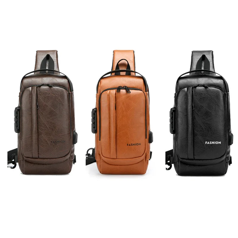Latest Design Quality PU Leather Utility With Lock USB Adjustable Strap Men Anti Theft Chest Bag