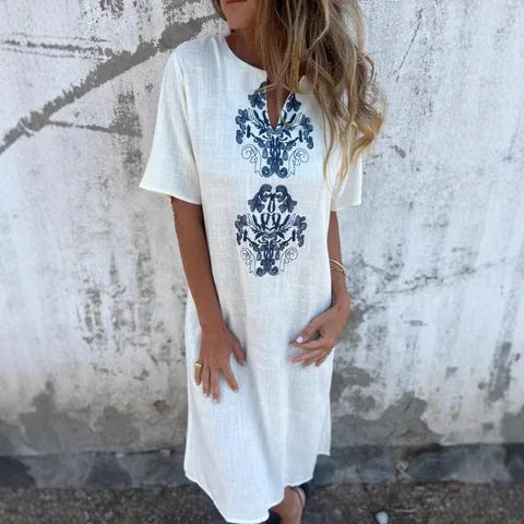 S-3XL Short Sleeve V-neck Female Print Casual Lacing Dress for Women Summer Loose Long Dress Elegant Women's Clothing Vestidos