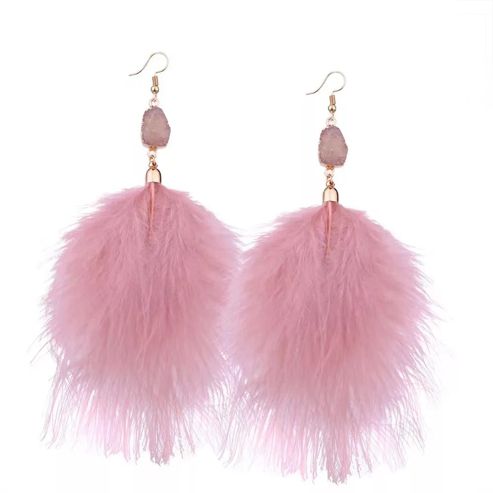 Fashion Bohemian Genuine Ostrich Feather Earrings Long Crystal Tassel Dangle Drop Earrings Jewelry for Women Wedding Jewelry
