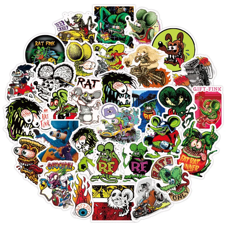50Pcs Rat Fink Cartoon Horror Street Fashion Graffiti Waterproof Stickers for Skateboard Motorcycle Car Custom Label