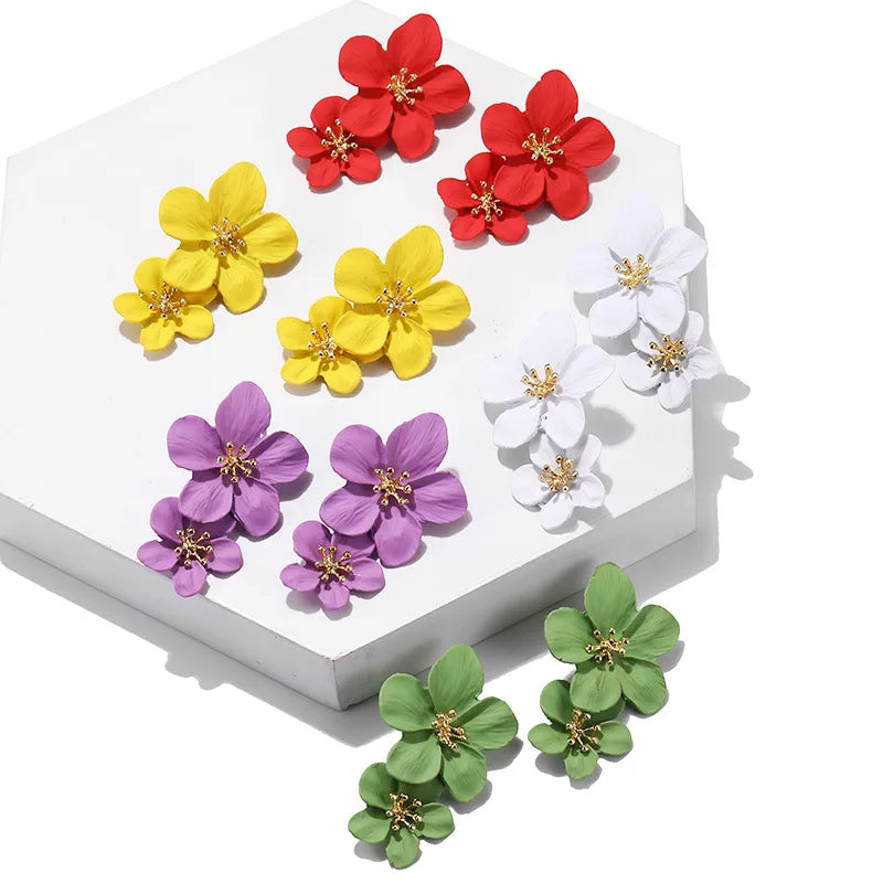 Hot-selling Trendy Women Earrings Jewelry Bohemian Personalized Multi-color Double-layer Flower Stud Earrings