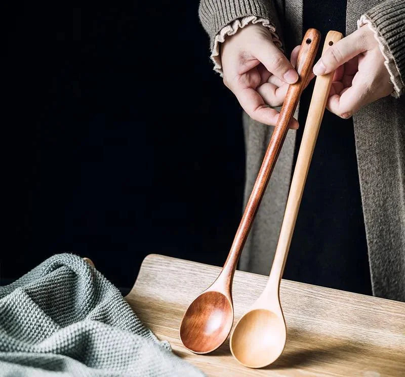 Classic Japanese-Style Wooden Spoon with Long Handle Eco-Friendly for Stirring Ingredients