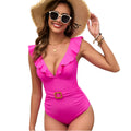 TYY-5648 Custom One Piece Bathing Suit for Women Deep V-Neck Ruffle Decoration High Cut Bottom Solid Swimsuit for Beach Pool