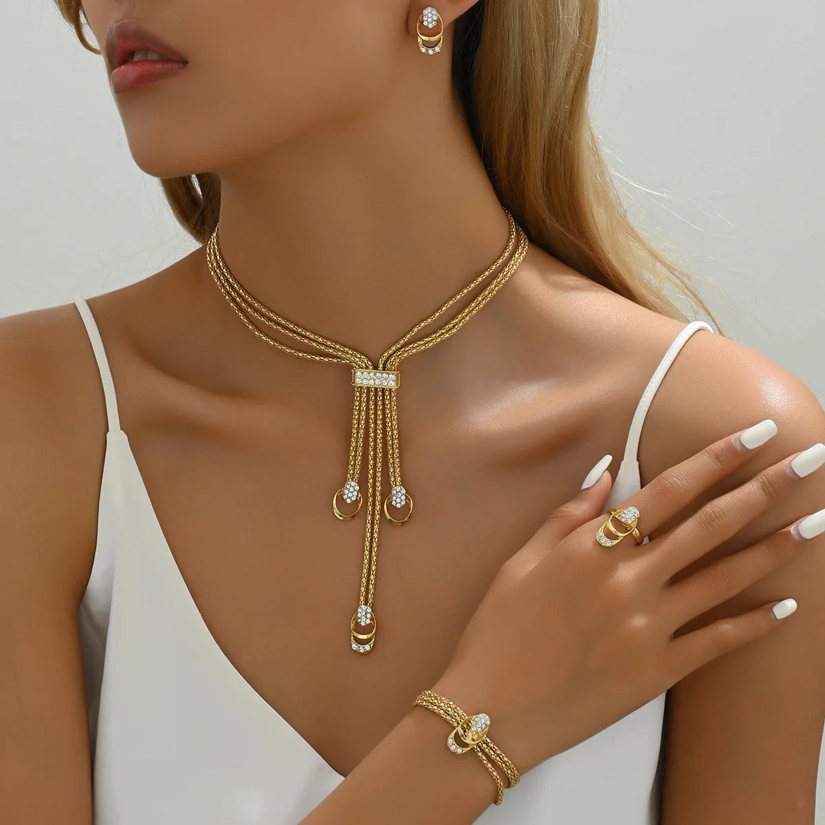 New America Fashion Jewelry Sets Women 4pcs Set Necklace Earrings Ring and Bracelet With Gemstone Clavicle Chain