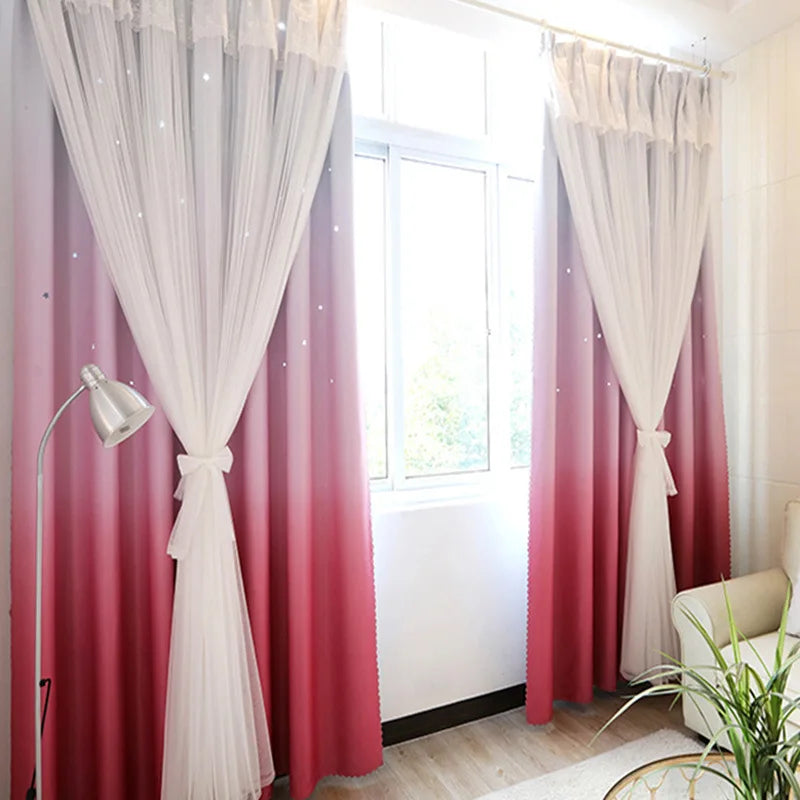 Luxurious Exquisite Princess Style Hollow Star Double-Layer Blackout Curtain Gradient Bedroom Dream Curtain