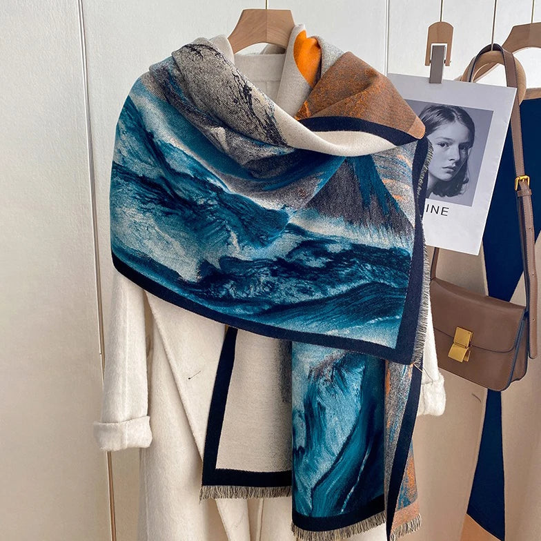 Fashion Luxury Winter Cotton Scarf Abstract Painting Floral Pashmina Stole Thick Blanket Shawls Wrap Soft Foulards