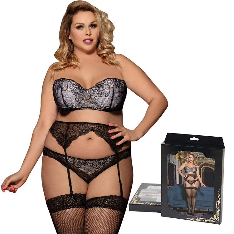 Free Box Wholesale Black Plus Size 3 Piece Push up Ladys Garter Lingerie Sets
