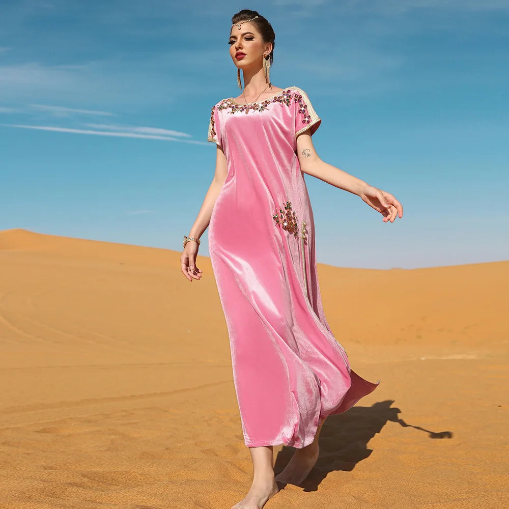 New Arrival Muslim Ladies Dresses Abaya Dubai Short Sleeves Diamonds High Waisted Velvet Dubai Abaya