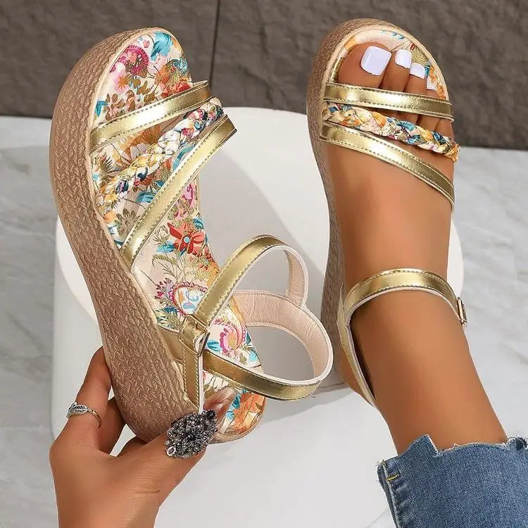 Women's Fashion Trend New Flower Slope With Sandals Thick Bottom Increase Female Shoes Open Toe Ladies Anti-slip Muffin Shoes