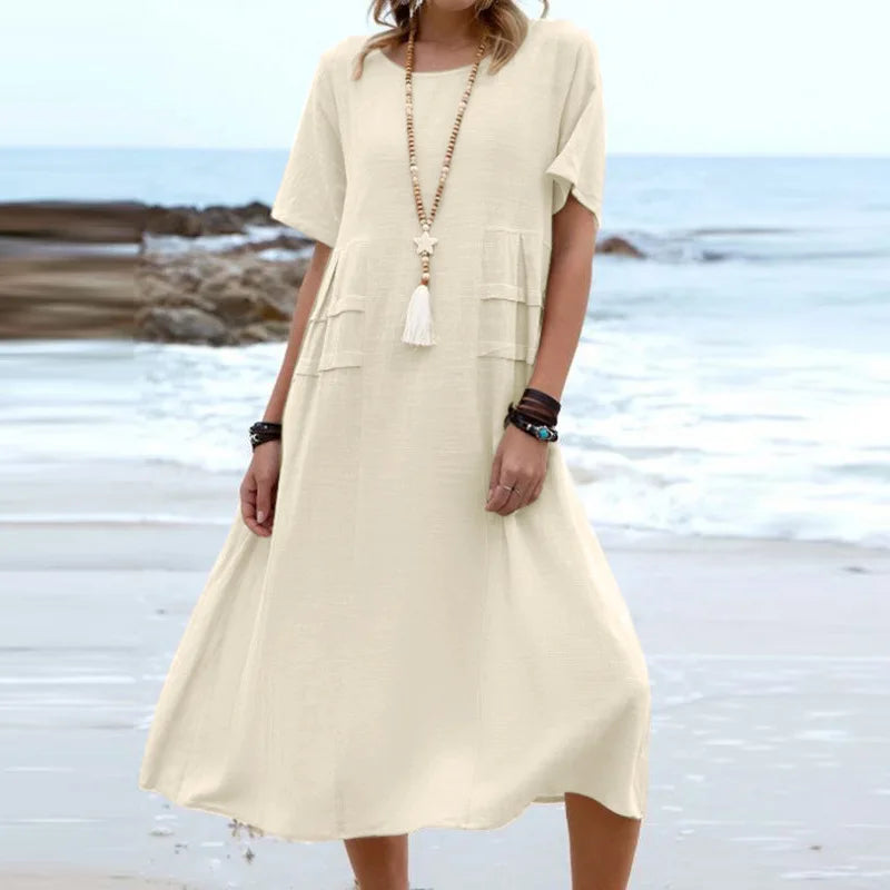 Women Summer Casual Eco-Friendly Natural Waist Maxi Dress Short Sleeve O-Neck Breathable Cotton Linen Solid Plus Size