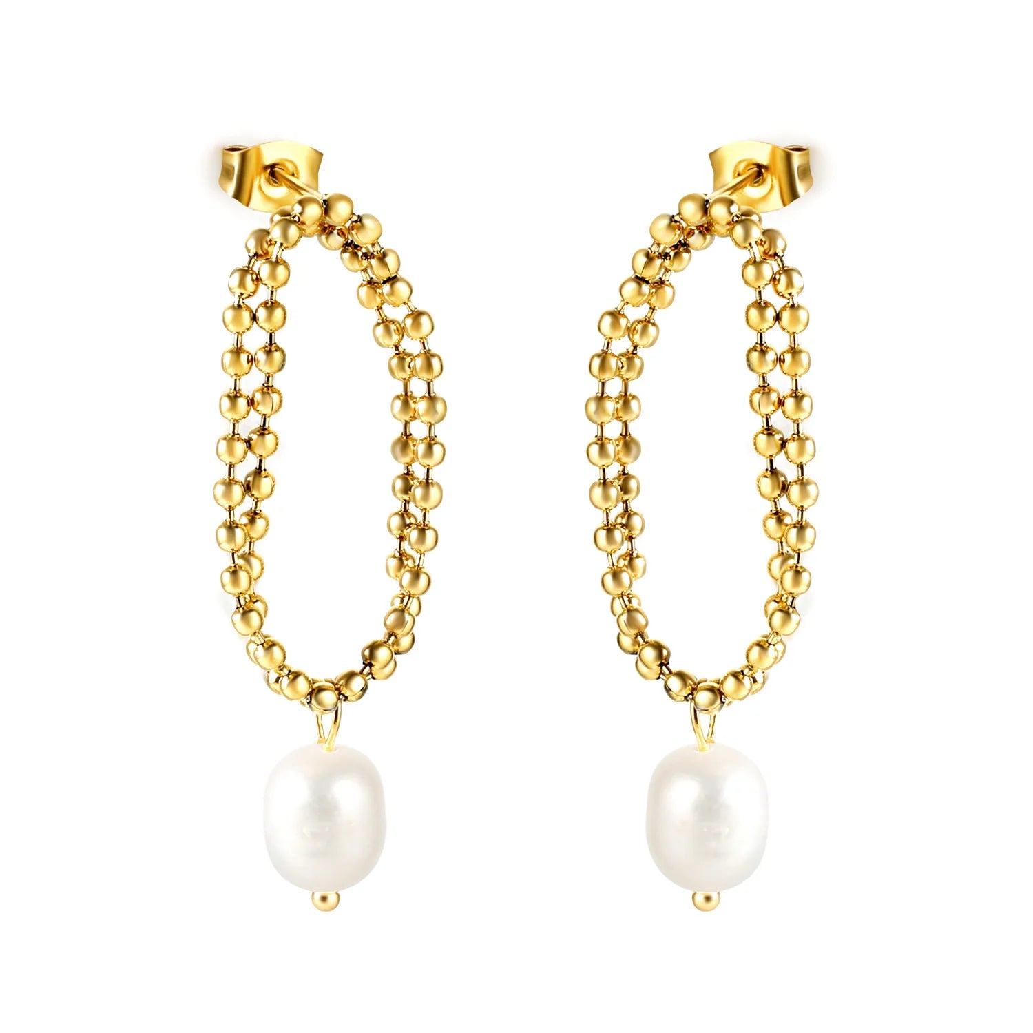 Fashionable Women Wedding Stainless Steel Bead Chain Pearl Earring Studs