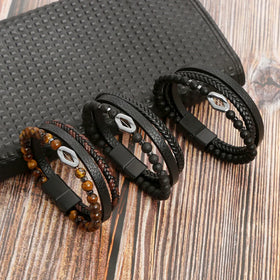 Hand-Woven Multi Layer Natural Stone Tiger Eye Bead Bracelet Jewelry Wholesale Magnet Buckle Black Lip Charm Leather Bracelet