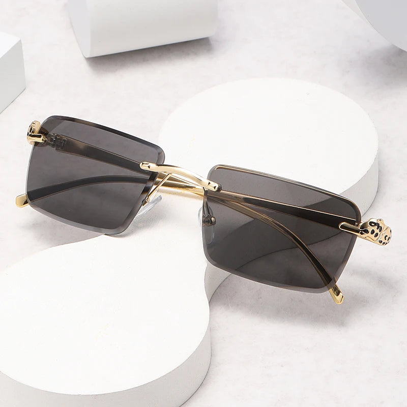 2024 Diamond Cut Clear Rectangle Luxury Sunglasses for Women Gold Metal Rimless Vintage Sun Glasses