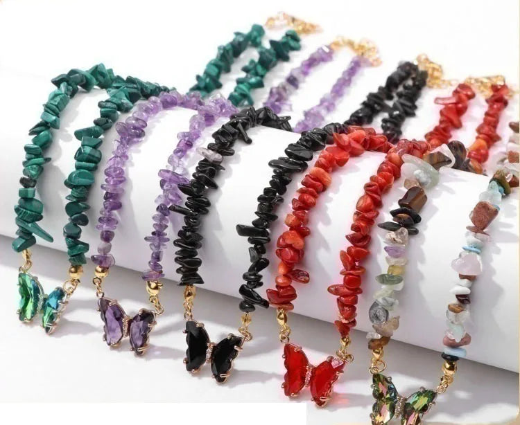 Natural Crystal Gemstone Irregular Energy Stone Necklace Fashion Crystal Butterfly Pendant Necklace for Women