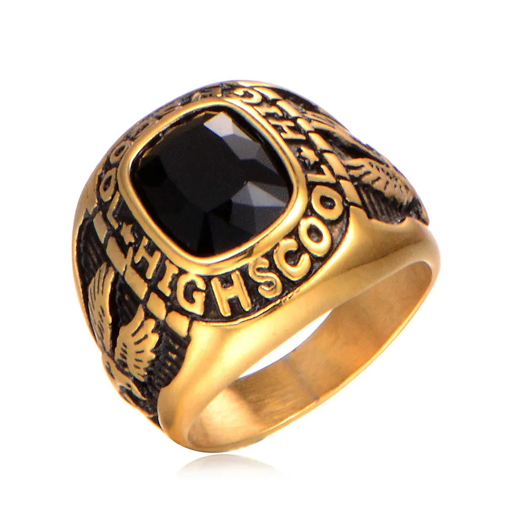 Fashion Retro Golden Eagle Inlaid Gemstone Titanium Steel Ring