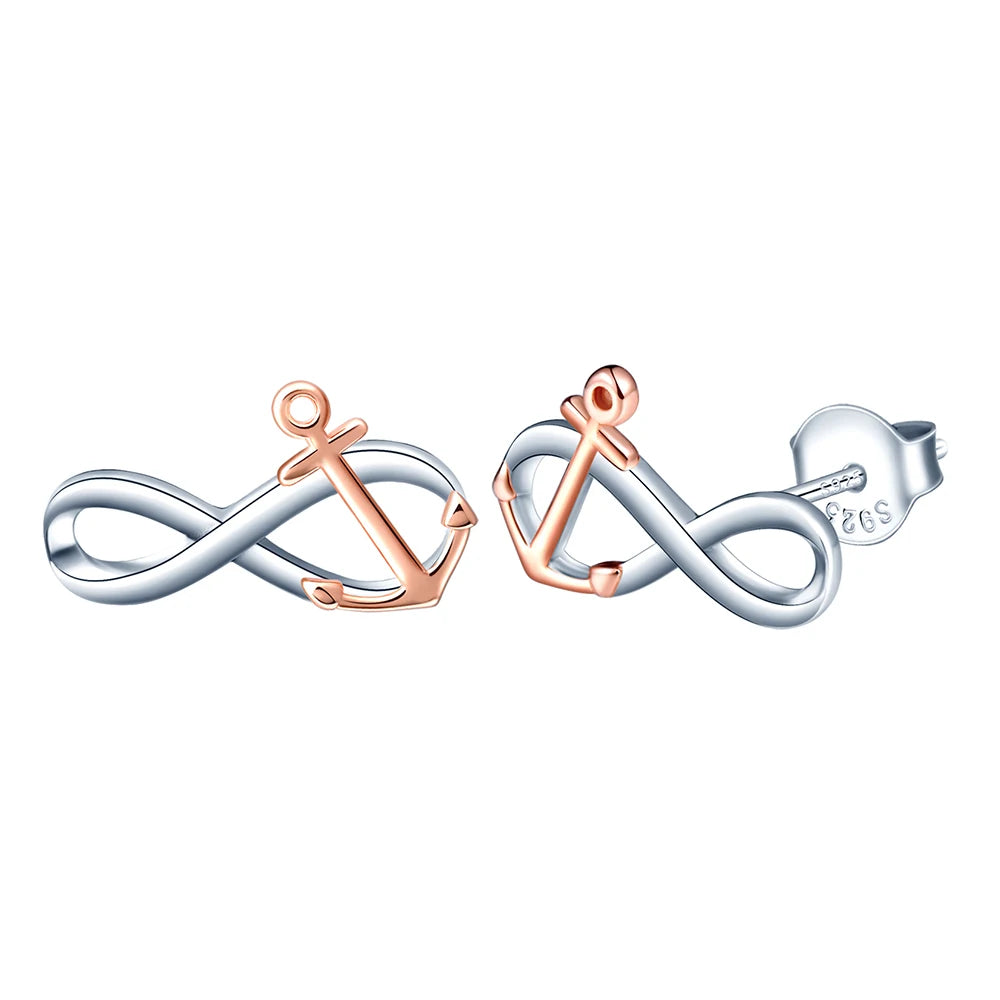 925 Silver Color Contrast Anchor and Infinity Symbol Entwined CZ Earrings Anti Tarnish Jewelry
