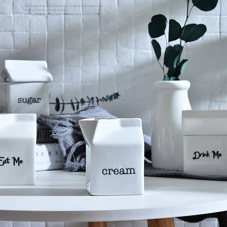 Simple Ceramic Milk Box Shape Sugar Pot and Creamer Water Pitcher Set Silk Screen Porcelain Milk Jug