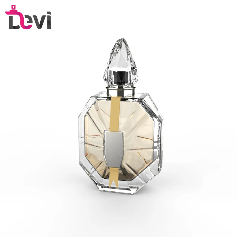 Devi Wholesale OEM/ODM 100ML Luxury Empty Glass Alloy Perfume Bottle Hot Stamping Pump Sprayer Carton Packaging for Custom Logo