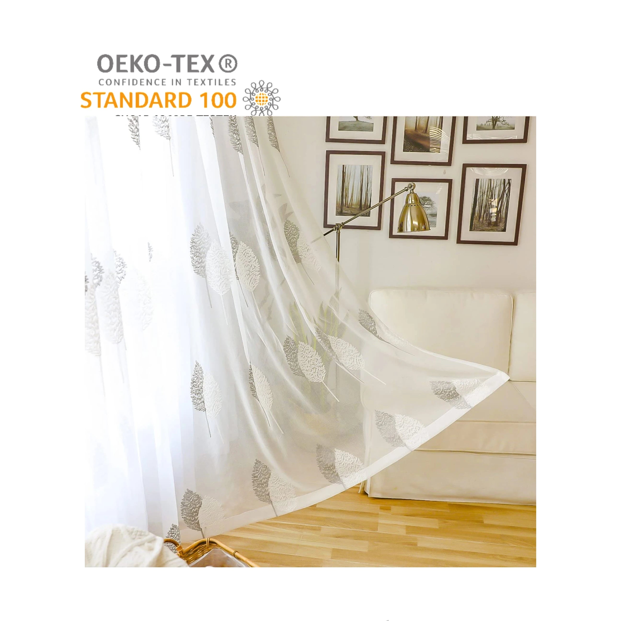White Sheer Leaves Embroidered Design Voile Fabric for Living Room